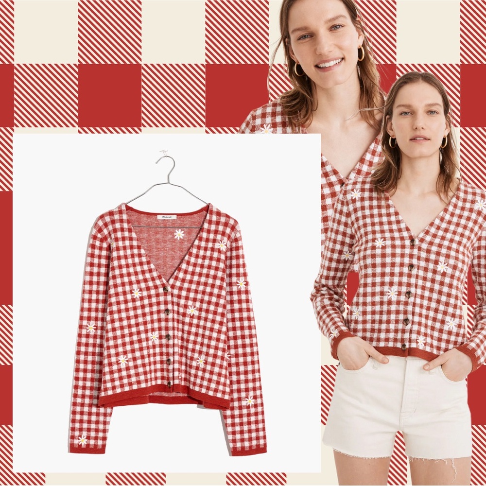 Madewell Daisy Embroidered Gingham Cardigan Sweater